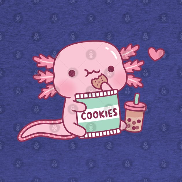Cute Axolotl Snack On Cookies And Bubble Tea by rustydoodle